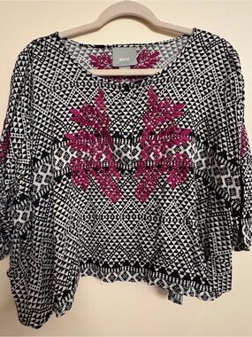 Maeve Black & White Geometric Tunic with Magenta Floral Embroidery
